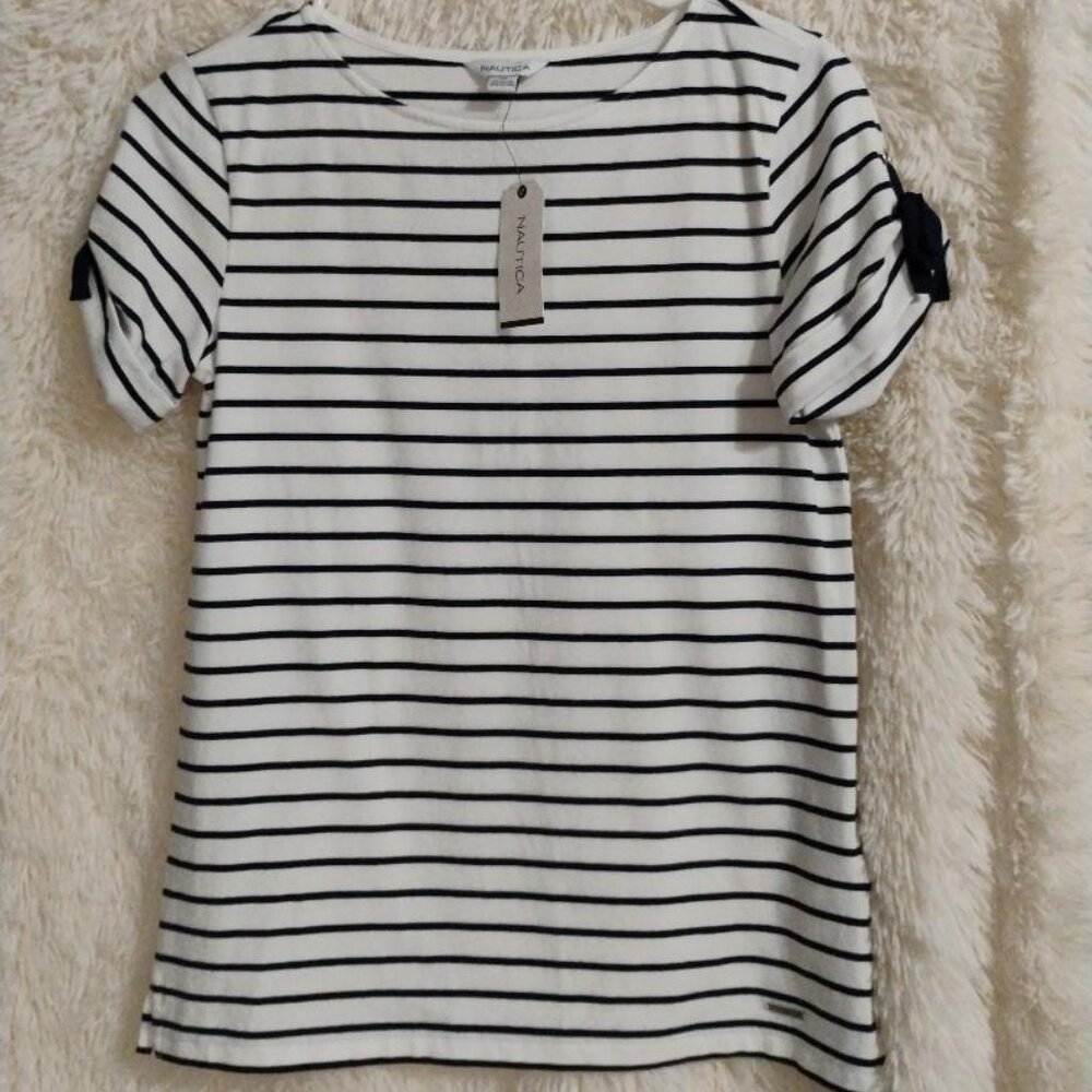 Nautica Womens Crew Neck Short Sleeve White with Blue Stripes NWT Size XS